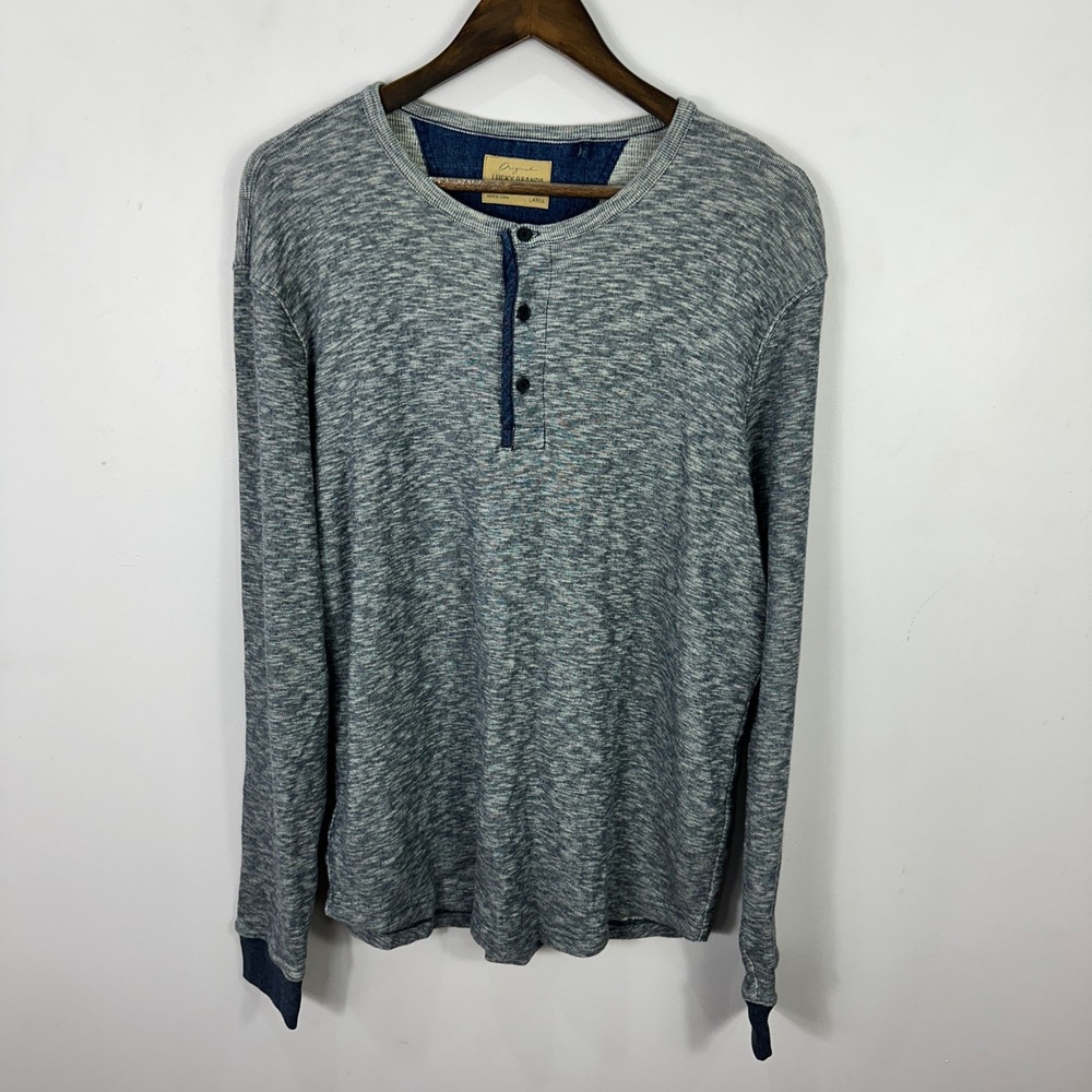 Lucky Brand Henley Shirt Men Large Blue Long Sleeve Dexter Preppy Cotton Classic